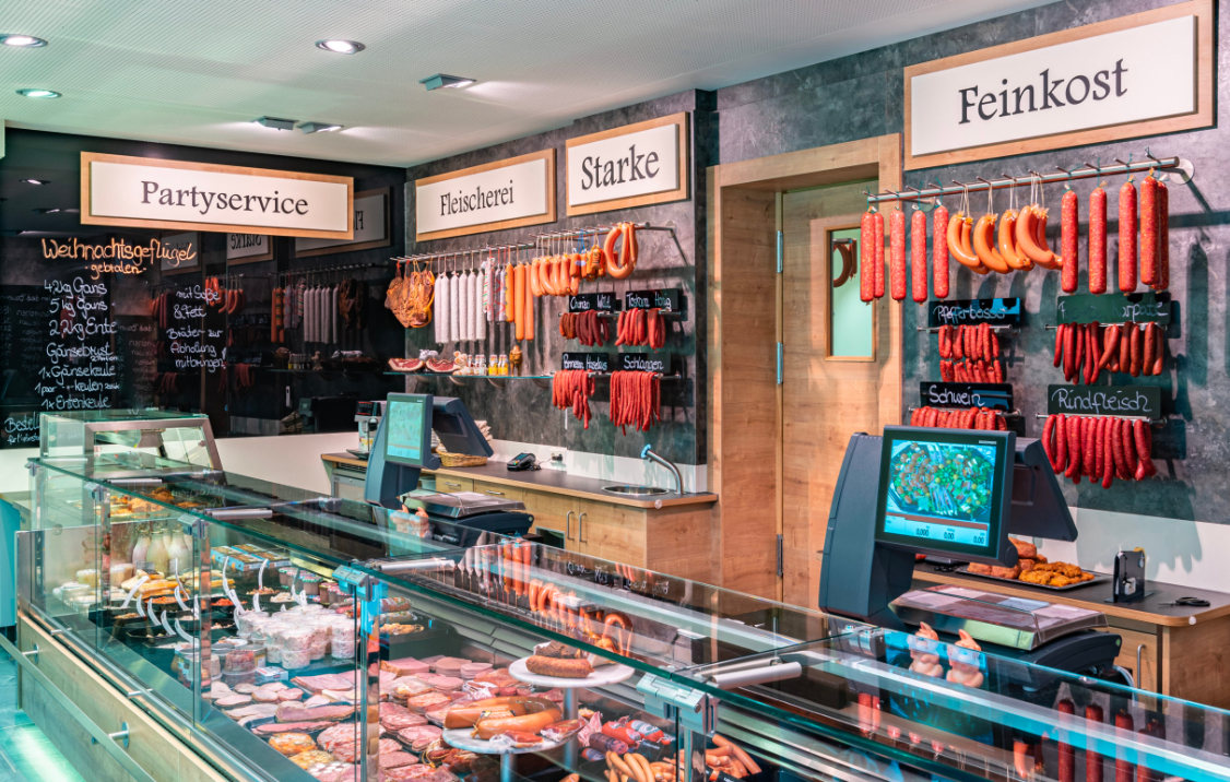Moderne Ladenansicht der Fleischerei Starke